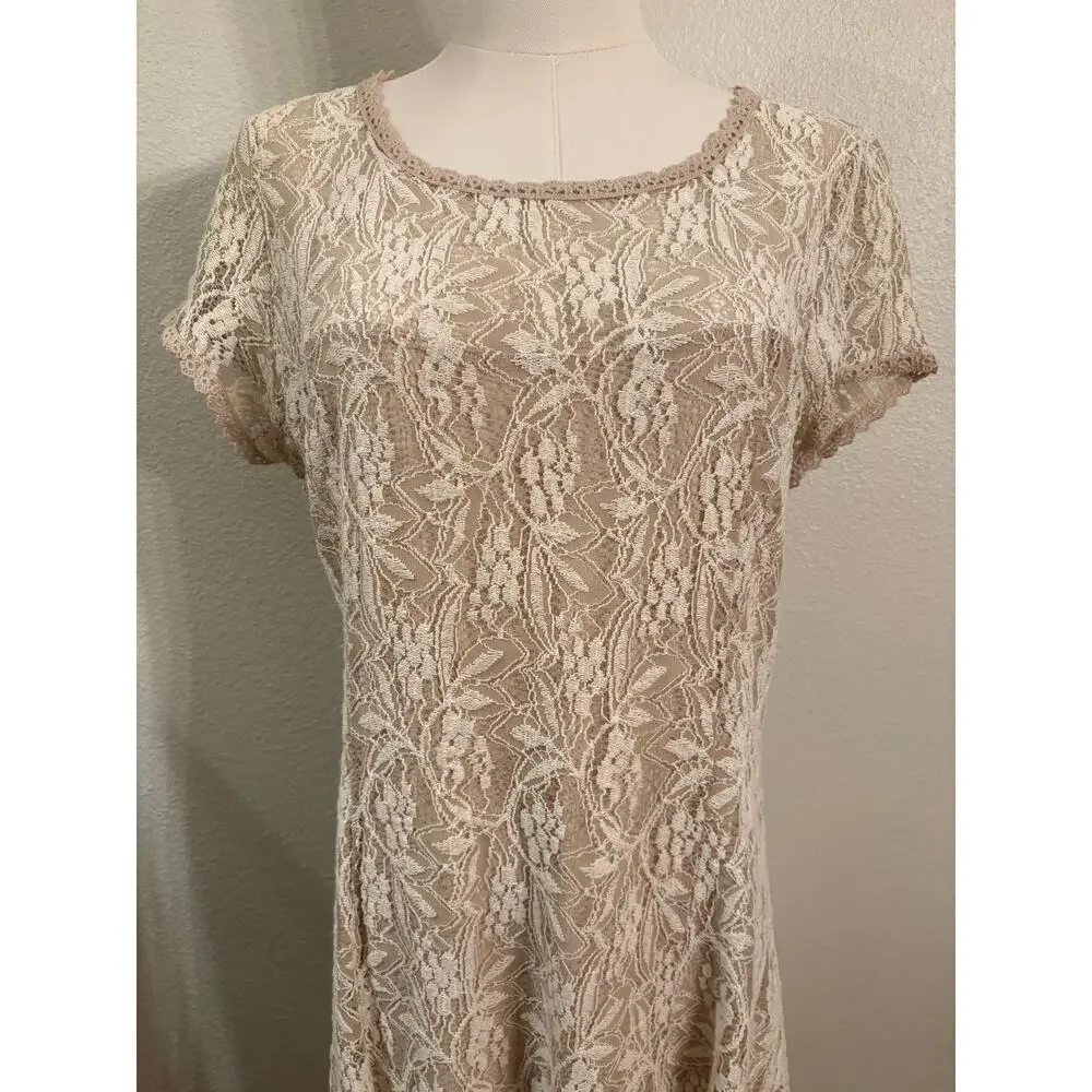 SUNDANCE Dress | Ivory Lace Sweetheart Midi Lined Short Sleeve Romantic | LARGE - Picture 3 of 9
